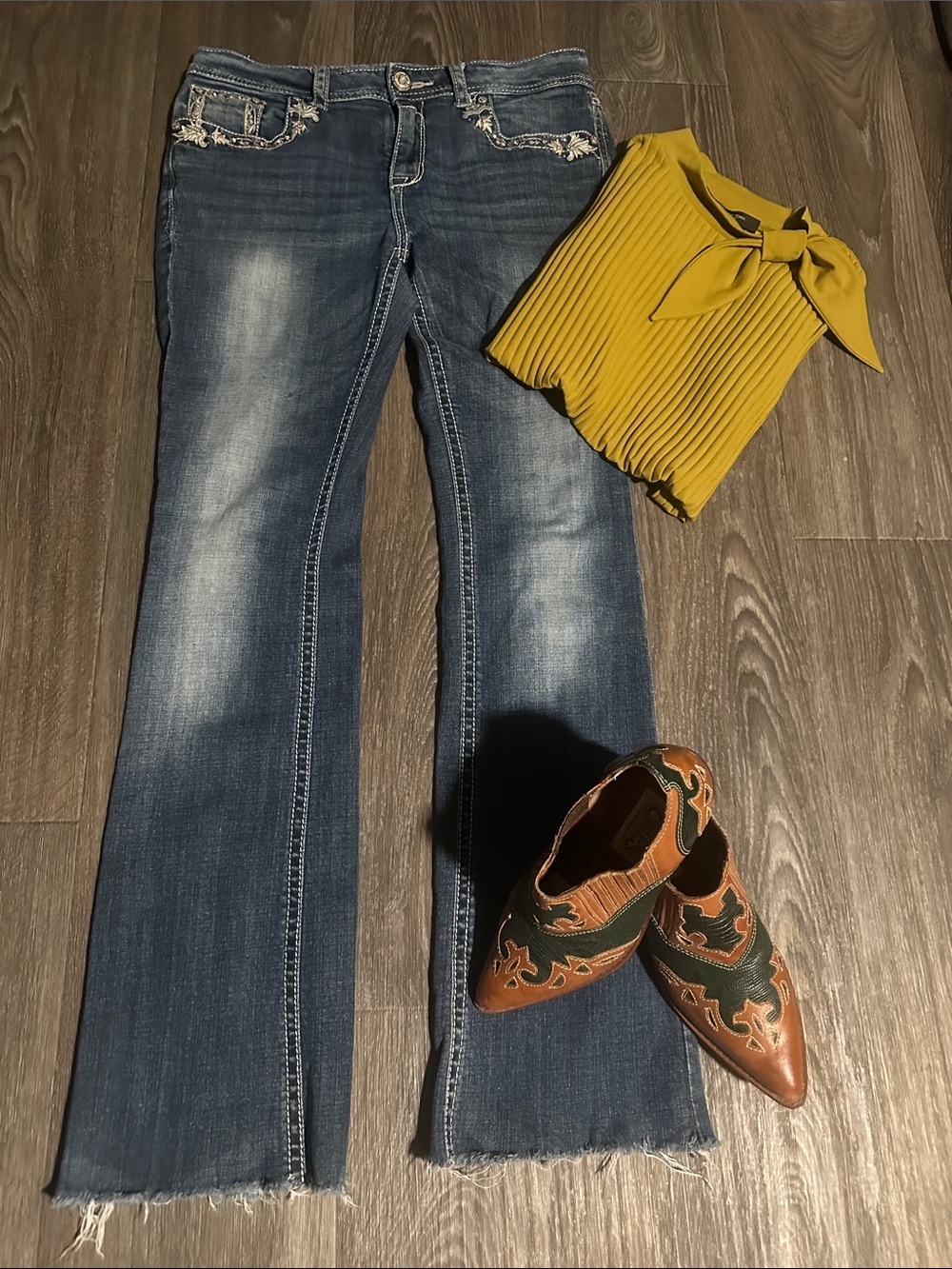 Grace in LA Washed Blue Flare Jeans with Frayed Hem